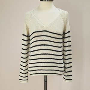 H&M White and Navy Blue Striped V-neck Knit Sweater, Size XS